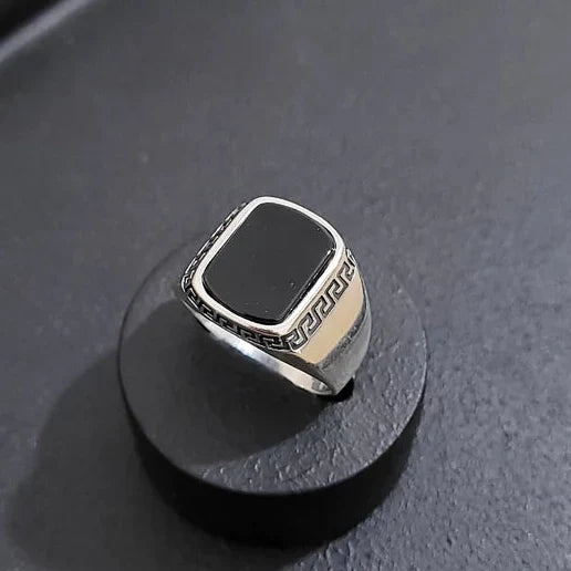Black Onyx Signet Ring with Greek Key Design